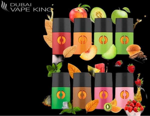 Vape devices with fruit-themed packaging on a black background, featuring the brand 'Dubai Vape King'.