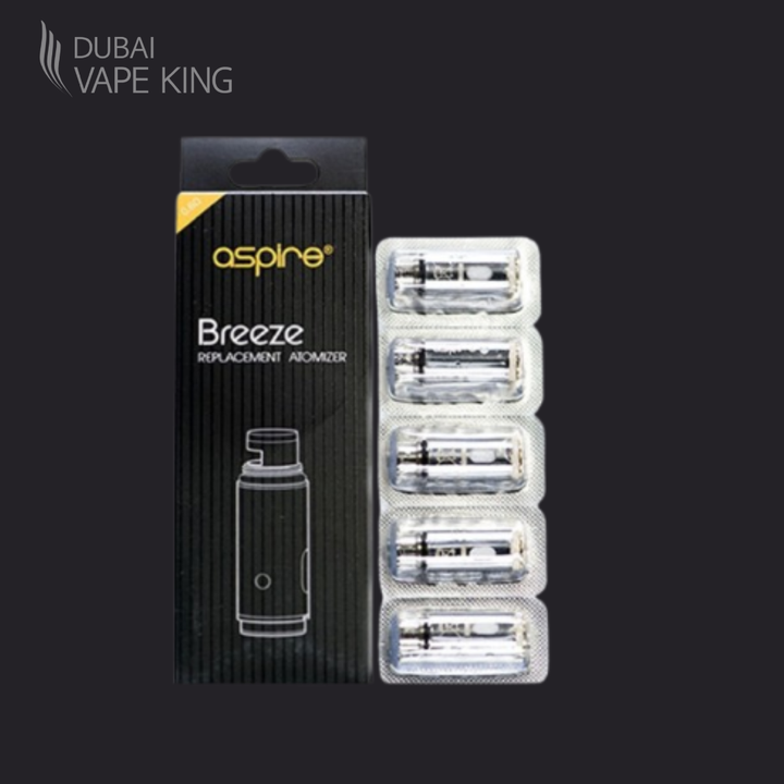 Aspire Breeze replacement atomizer packaging with six cartridges on a black background, branded as Dubai Vape King.