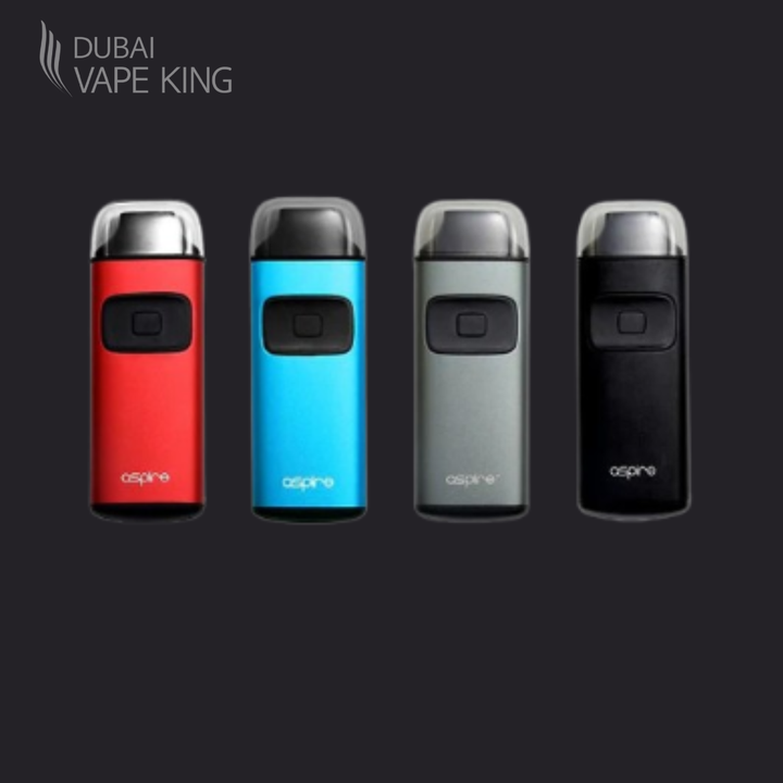 Four Aspire vape devices in red, blue, gray, and black on a dark background with 'Dubai Vape King' branding.