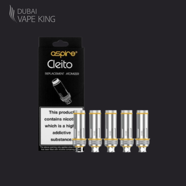 Aspire Cleito replacement atomizer packaging with six cartridges on a black background, branded as Dubai Vape King.