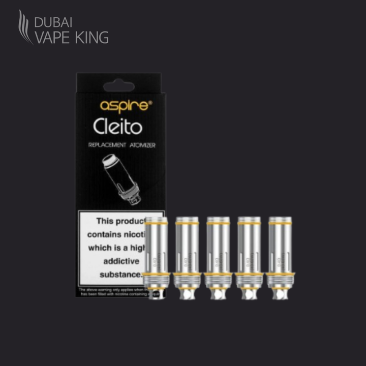 Aspire Cleito replacement atomizer packaging with six cartridges on a black background, branded as Dubai Vape King.