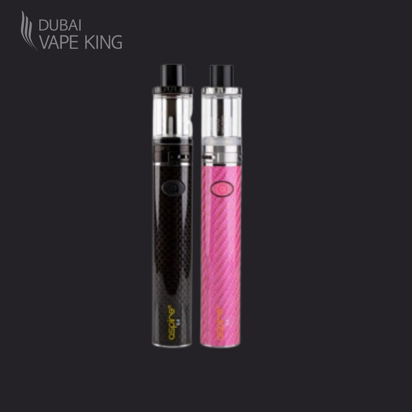 Two vape devices, one black and one pink, on a dark background with 'Dubai Vape King' branding.