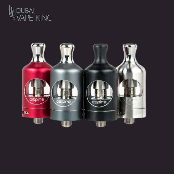 Four vape devices with 'aspire' branding on a black background, featuring the Dubai Vape King logo.