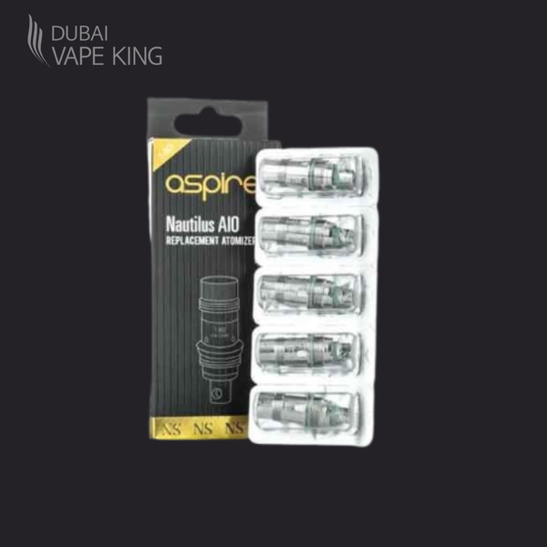Aspire Nautilus AIO replacement atomizer packaging with five cartridges on a black background, branded as Dubai Vape King.