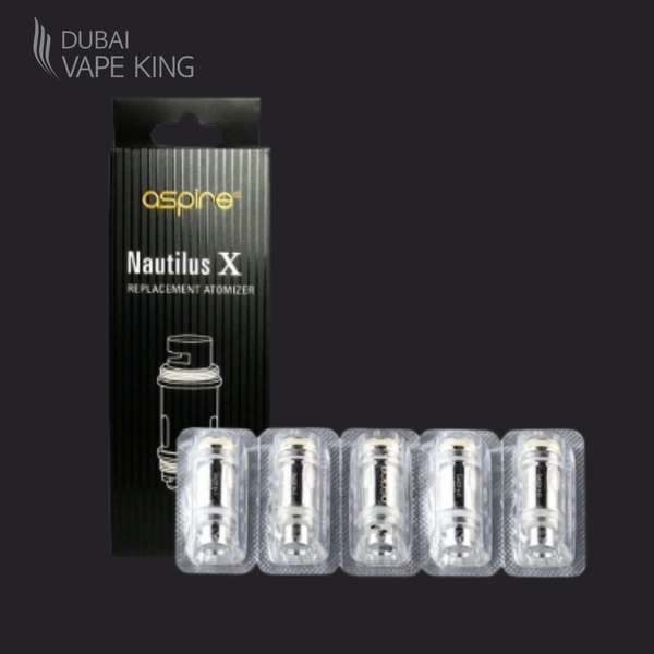 Aspire Nautilus X replacement atomizer packaging with four clear atomizers on a dark background.