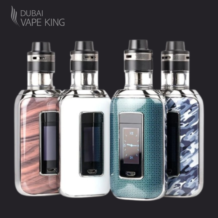 Four vaping devices with different color and pattern finishes on a black background, branded as 'Dubai Vape King'.