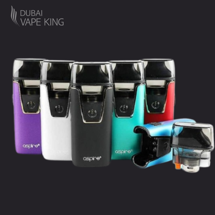 Collection of Aspire vape devices in various colors with 'Dubai Vape King' branding.