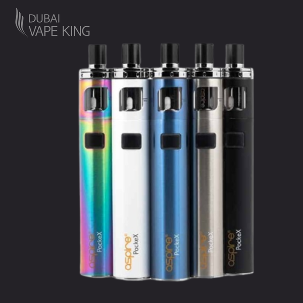 Five Aspire Pockemax vape devices in different colors on a black background with 'Dubai Vape King' branding.