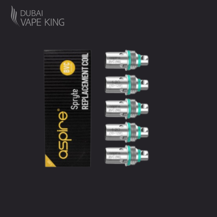 Aspire Sprite replacement coils with packaging on a black background, branded as Dubai Vape King.