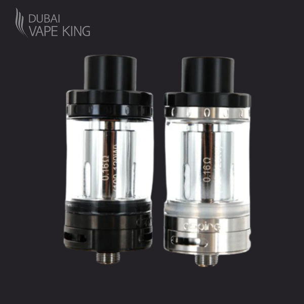 Two clear vape tanks with black tops on a dark background, branded 'Dubai Vape King'.