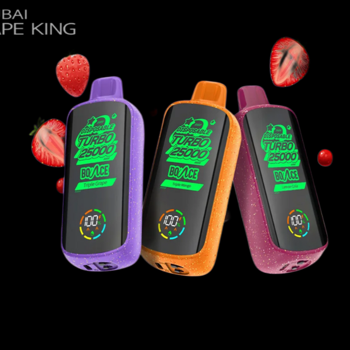 Three electronic devices with digital displays on a black background, branded as 'Dubai Vape King'.