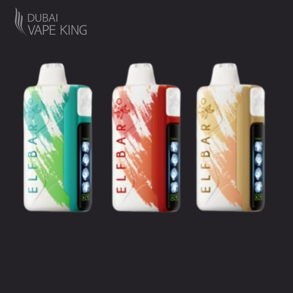 Three Elebar vape devices in different colors on a black background with 'Dubai Vape King' branding.