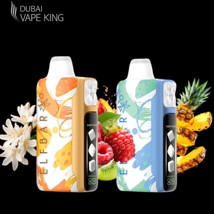 Three vape devices with fruit-themed packaging on a black background, featuring the brand 'Dubai Vape King'.