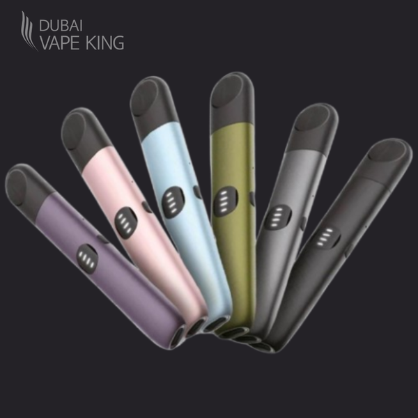 Set of electronic devices in various colors with 'Dubai Vape King' branding on a dark background.